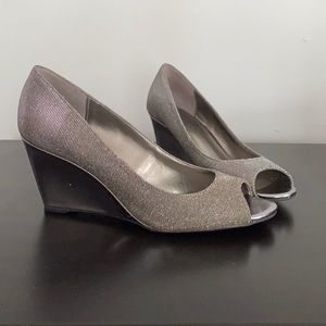 Silver peep-toe wedges